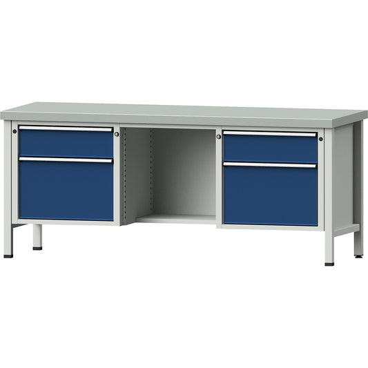 Workbench, Series V frame construction, drawers 2 x 180 mm, 2 x 360 mm, ½ shelf, sheet steel covering, full extension.