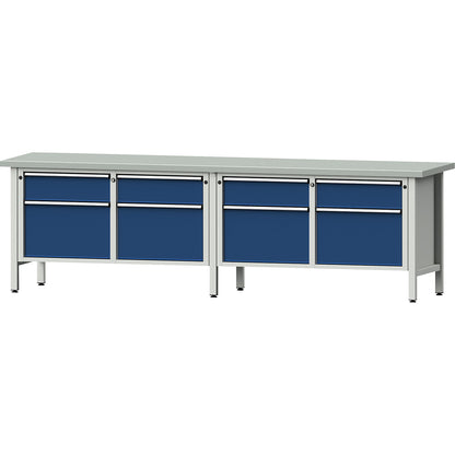 Workbench width 2800 mm, frame construction, 8 drawers, sheet steel covered worktop.