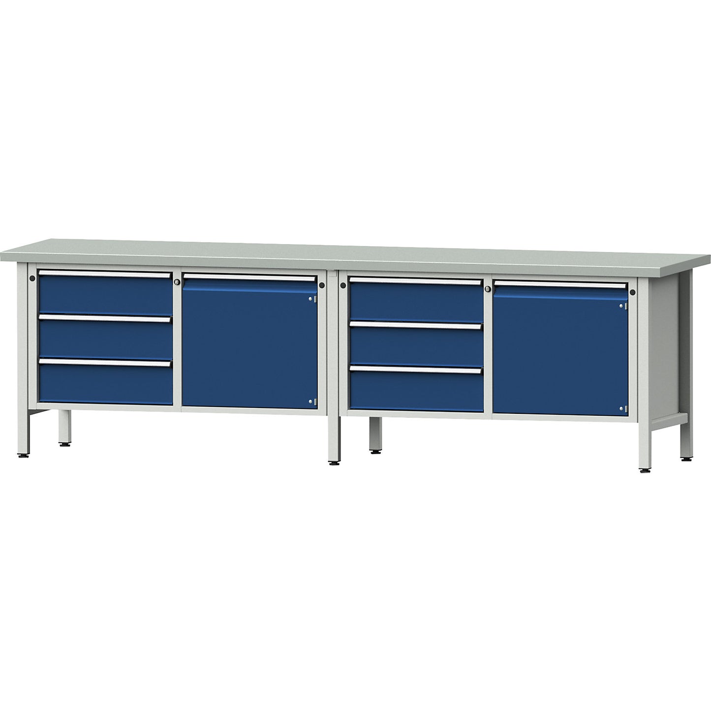 Workbench width 2800 mm, frame construction, 2 doors, 6 drawers with partial extension, sheet steel covered worktop.