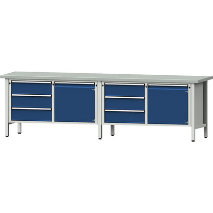 Workbench width 2800 mm, frame construction, 2 doors, 6 drawers with partial extension, sheet steel covered worktop.