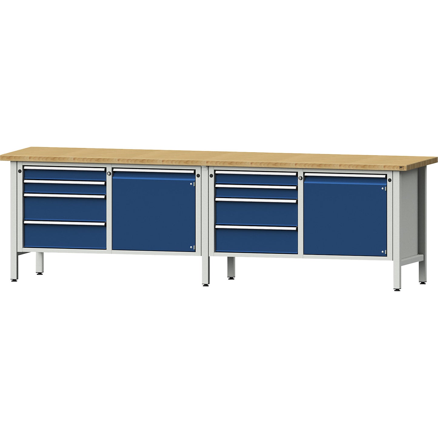 Workbench width 2800 mm, frame construction, 2 doors, 8 drawers with partial extension, solid beech worktop.