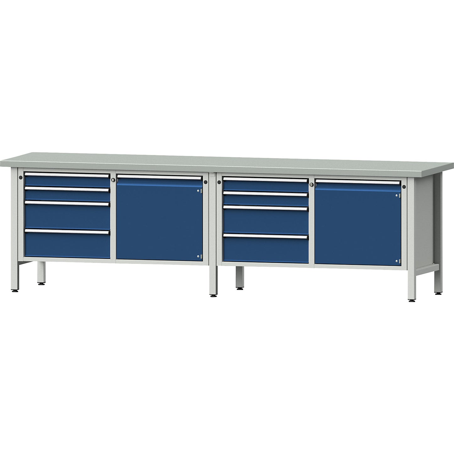Workbench width 2800 mm, frame construction, 2 doors, 8 drawers with full extension, sheet steel covered worktop.