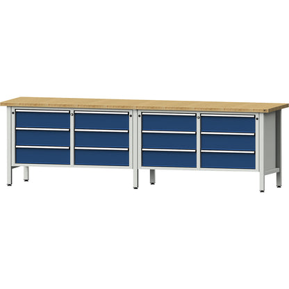 Workbench width 2800 mm, frame construction, 12 drawers, 180 mm with partial extension, solid beech worktop.