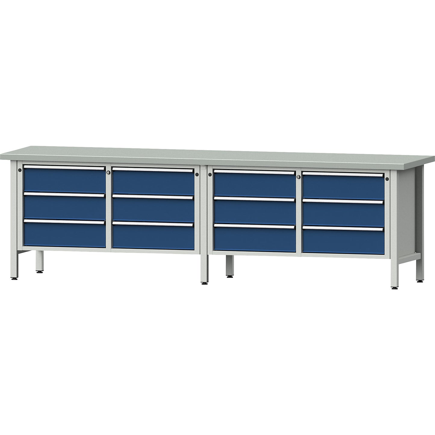 Workbench width 2800 mm, frame construction, 12 drawers, 180 mm with partial extension, sheet steel covered worktop.