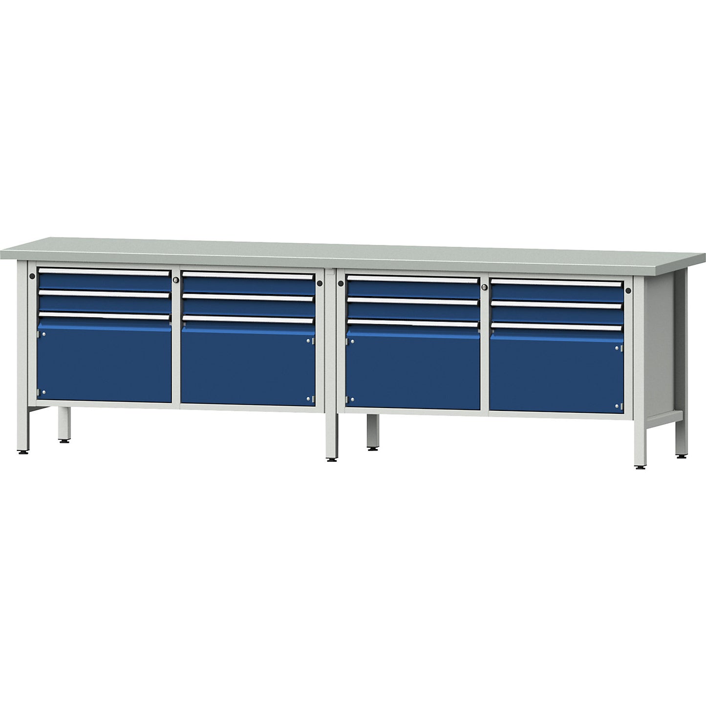 Workbench width 2800 mm, frame construction, 4 doors, 8 drawers, sheet steel covered worktop.