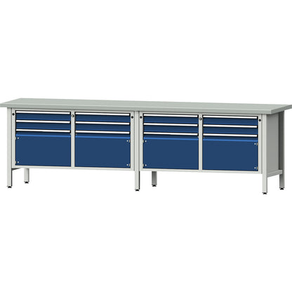 Workbench width 2800 mm, frame construction, 4 doors, 8 drawers, sheet steel covered worktop.