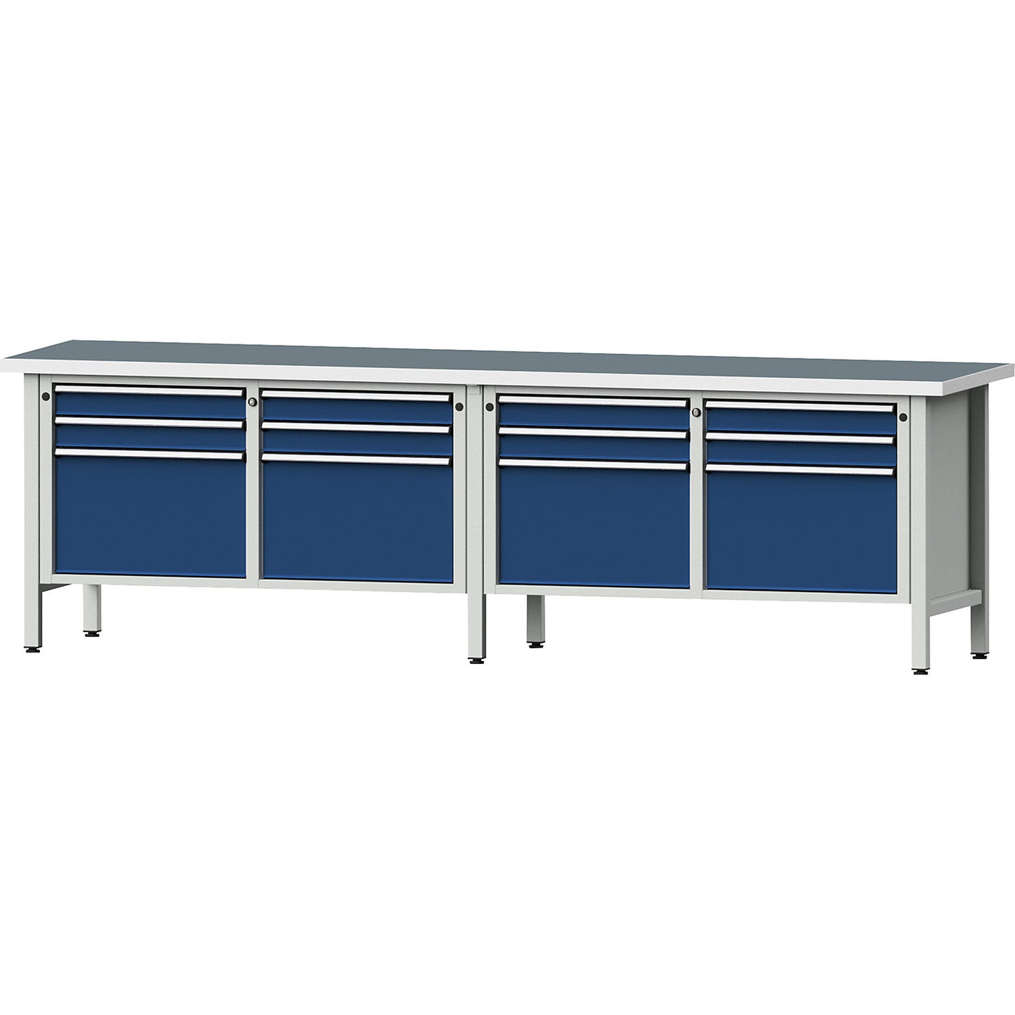 Workbench width 2800 mm, frame construction, 12 drawers, 8 x 90 mm, 4 x 360 mm, universal worktop.
