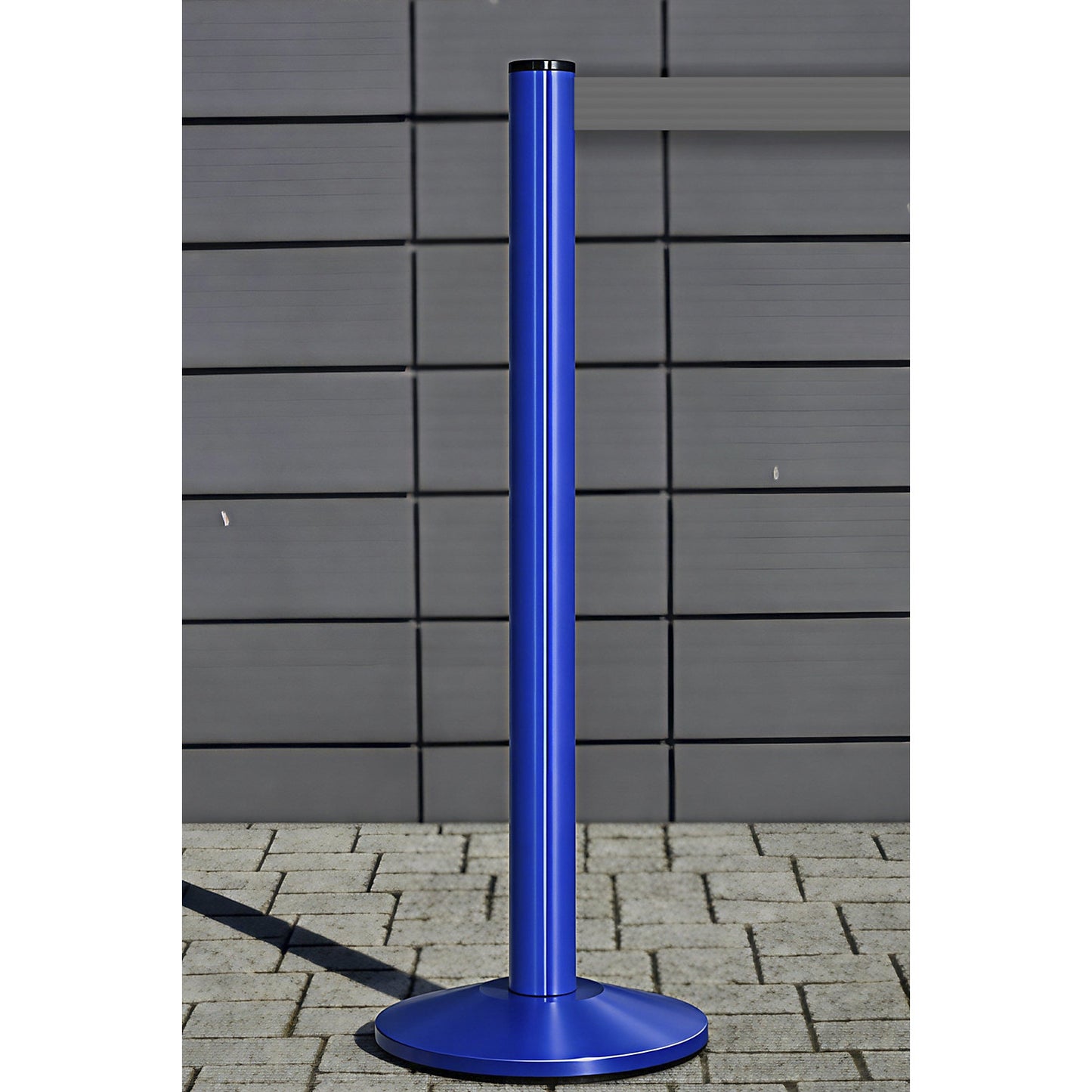 Belt post made of aluminium, post blue, extends 2300 mm, belt colour silver grey.
