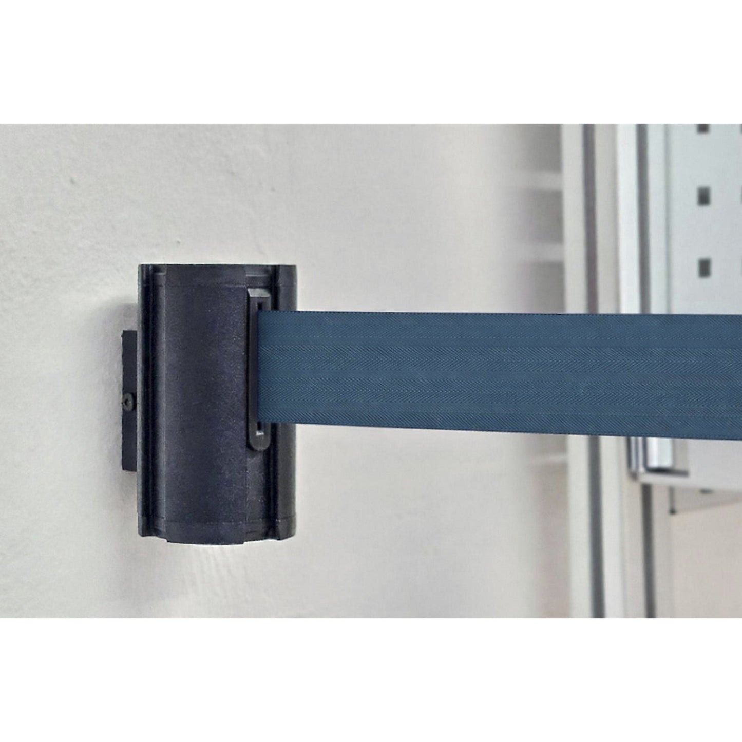 Wall Mount tape belt cartridge, belt extends to max. 2300 mm, belt colour navy.