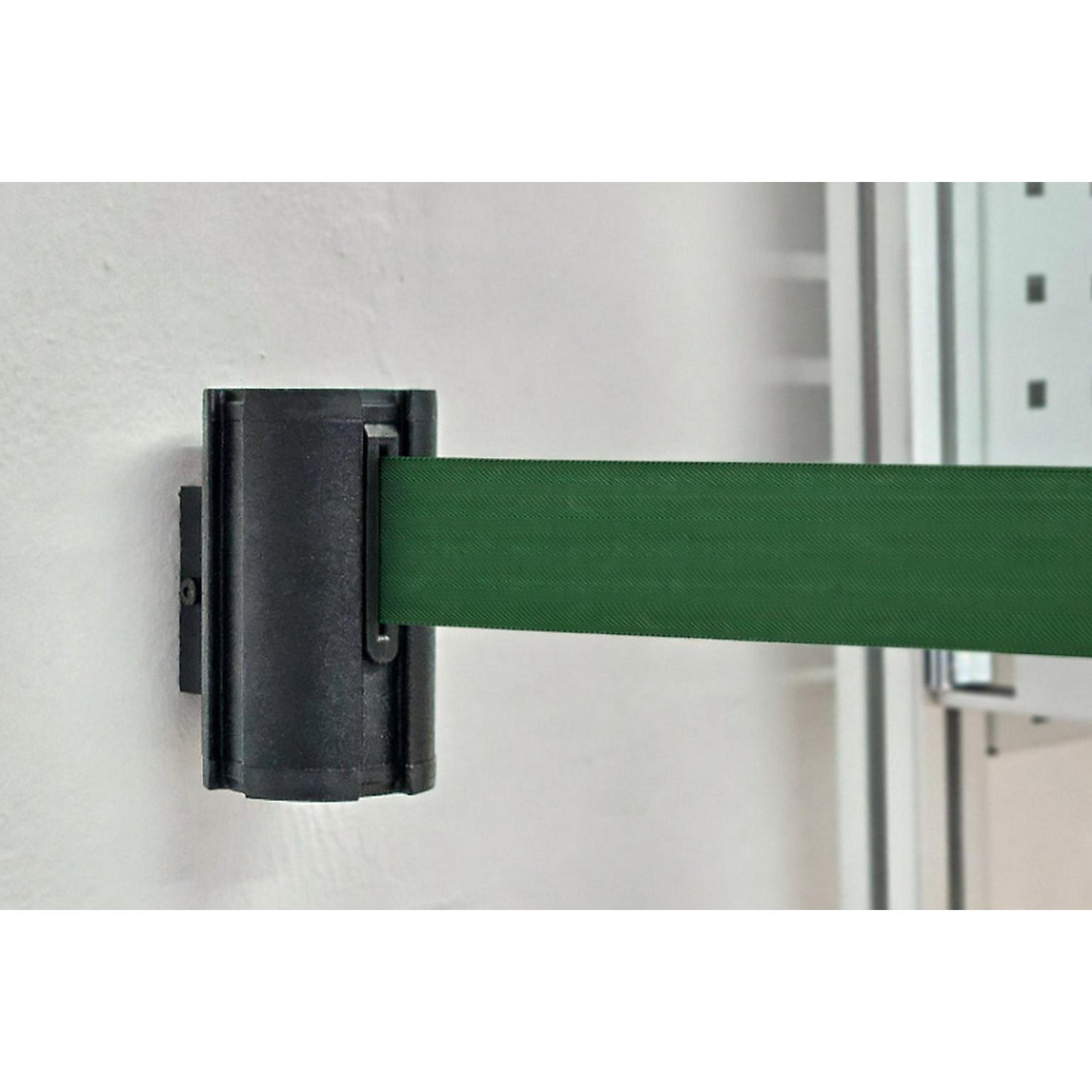 Wall Mount tape belt cartridge, belt extends to max. 2300 mm, belt colour green.