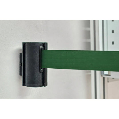 Wall Mount tape belt cartridge, belt extends to max. 2300 mm, belt colour green.