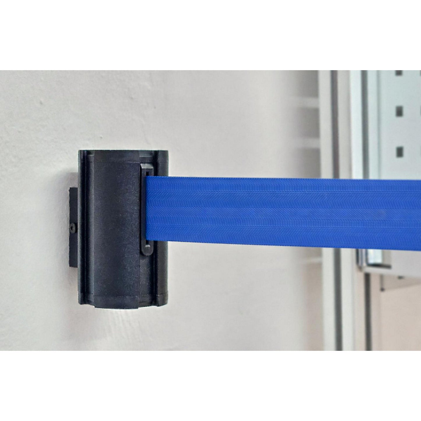 Wall Mount tape belt cartridge, belt extends to max. 3700 mm, belt colour blue.