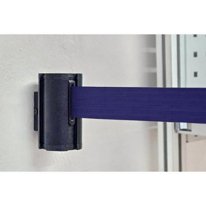 Wall Mount tape belt cartridge, belt extends to max. 3700 mm, belt colour dark blue.