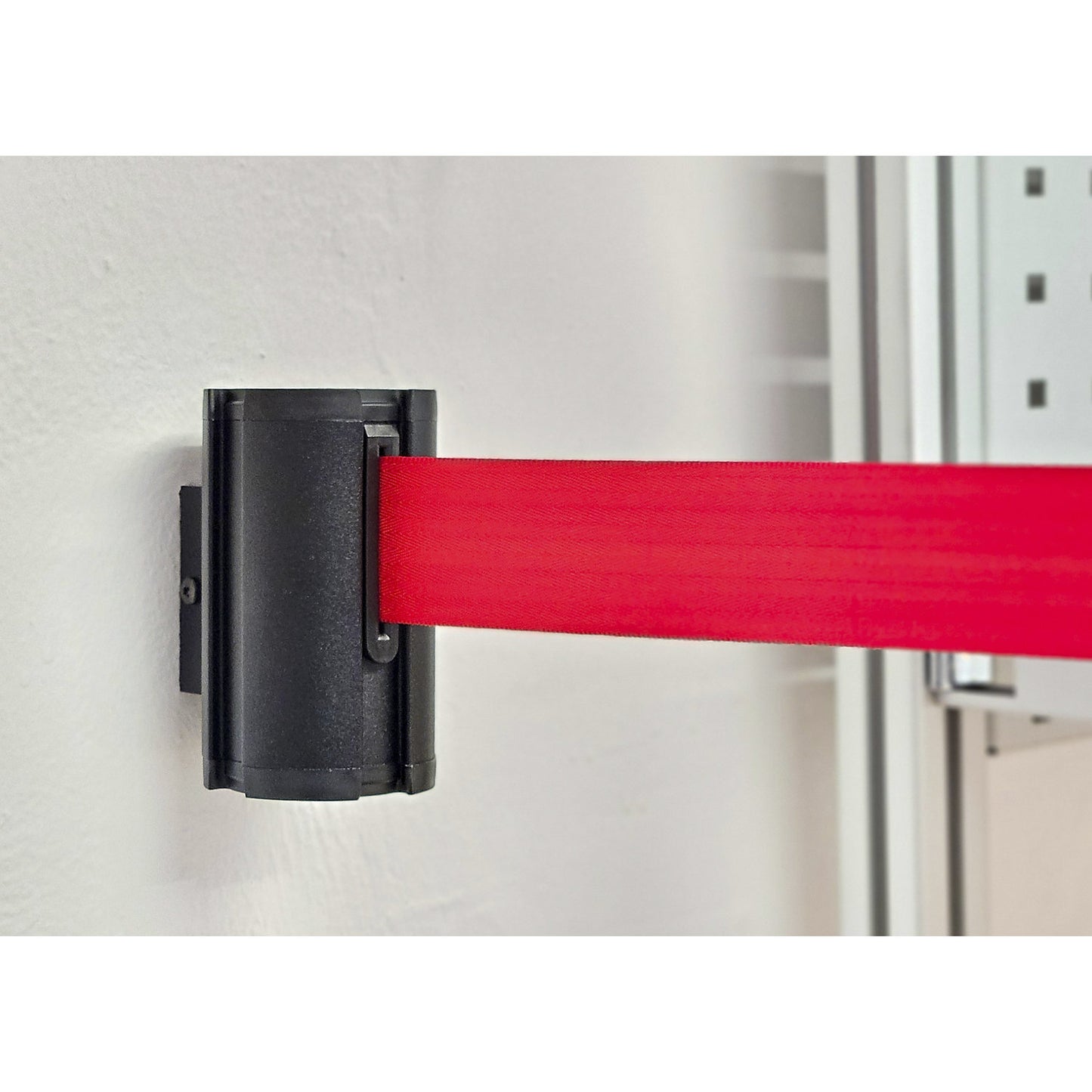 Wall Mount tape belt cartridge, belt extends to max. 3700 mm, belt colour red.