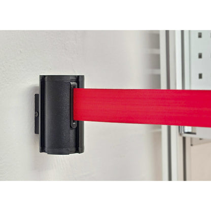 Wall Mount tape belt cartridge, belt extends to max. 3700 mm, belt colour red.