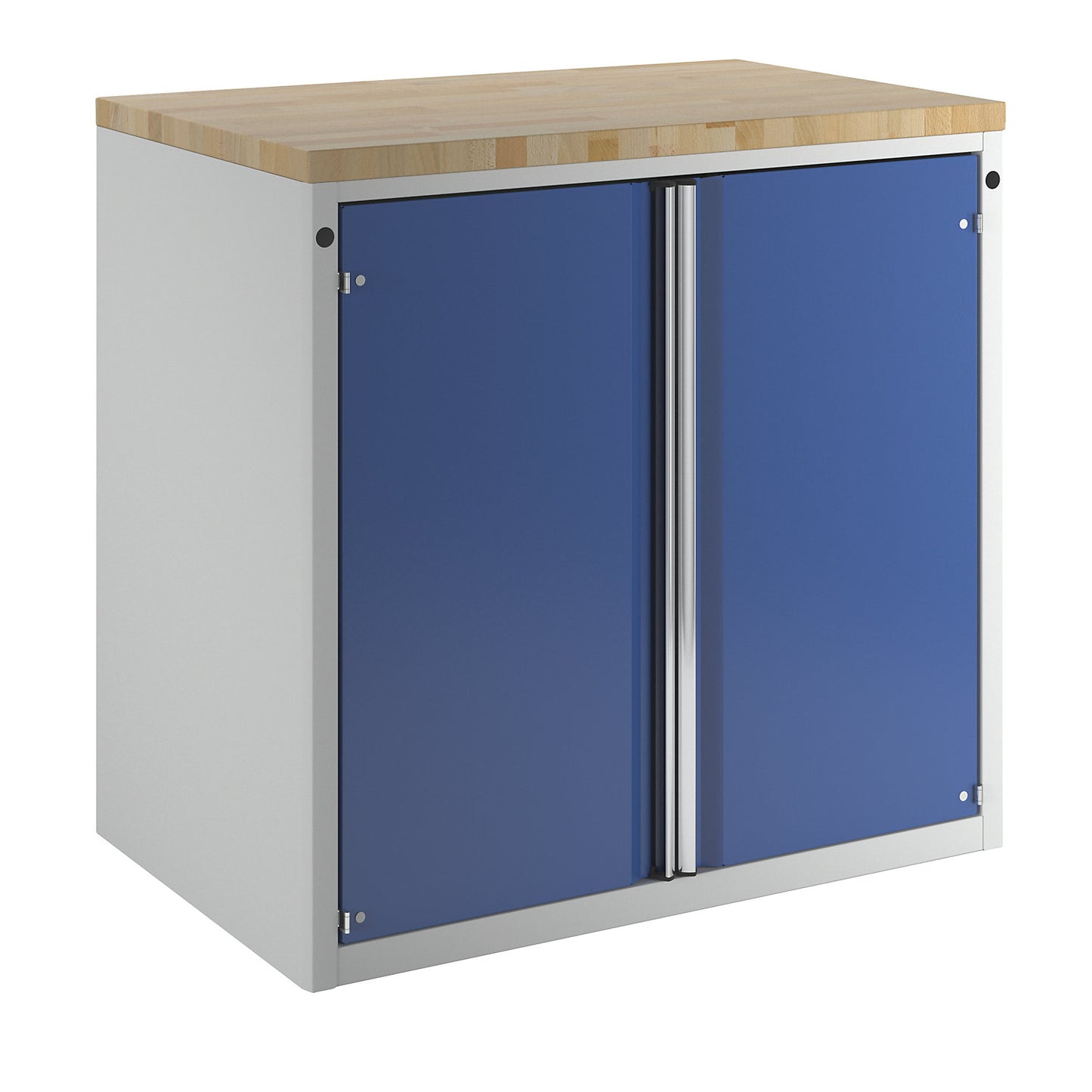 Cabinet for material and tool dispensing counter, 2 doors, 2 shelves, grey / blue.