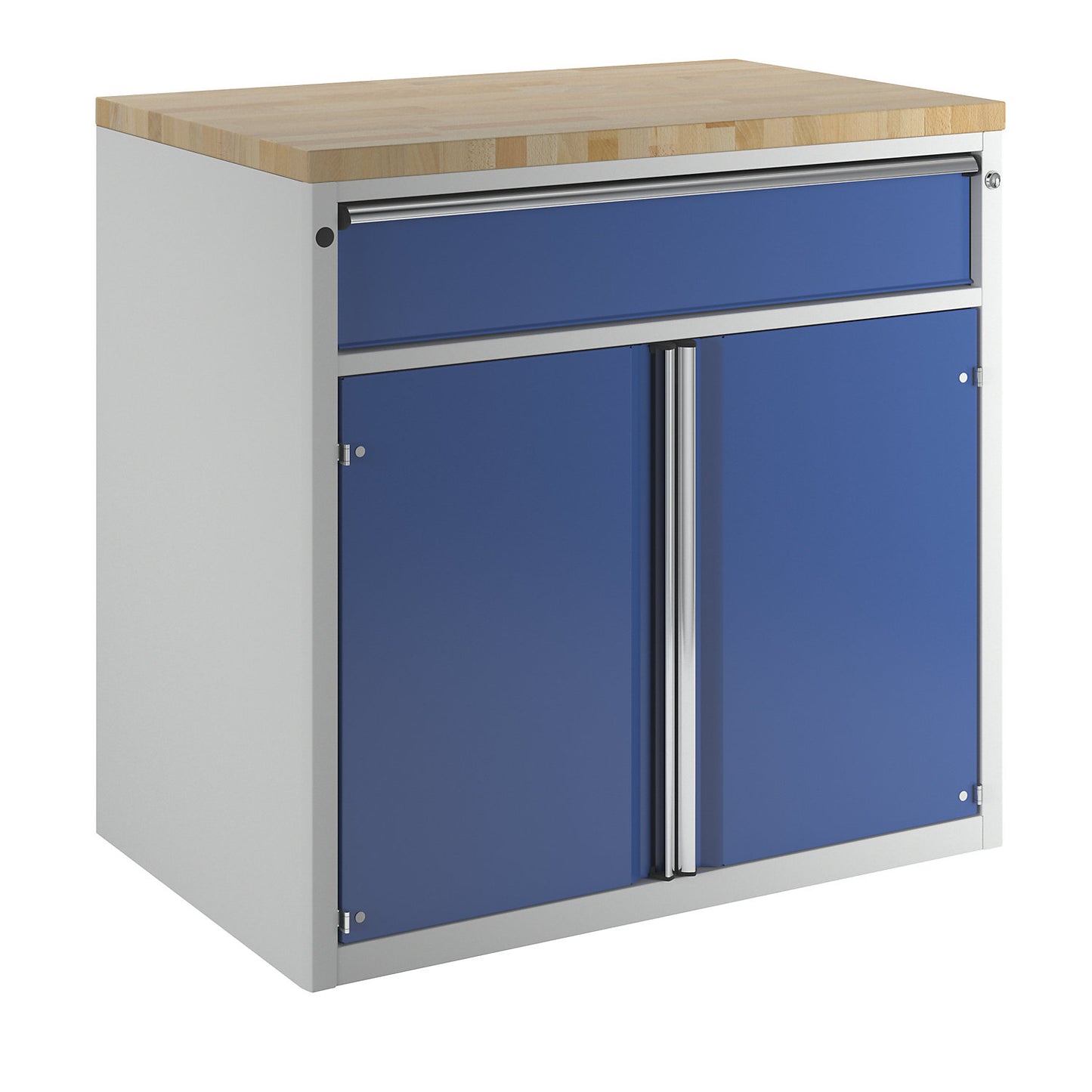 Cabinet for material and tool dispensing counter, 1 drawer, 2 doors, 1 shelf, grey / blue.