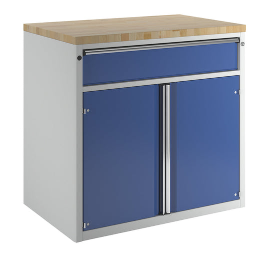 Cabinet for material and tool dispensing counter, 1 drawer, 2 doors, 1 shelf, grey / blue.