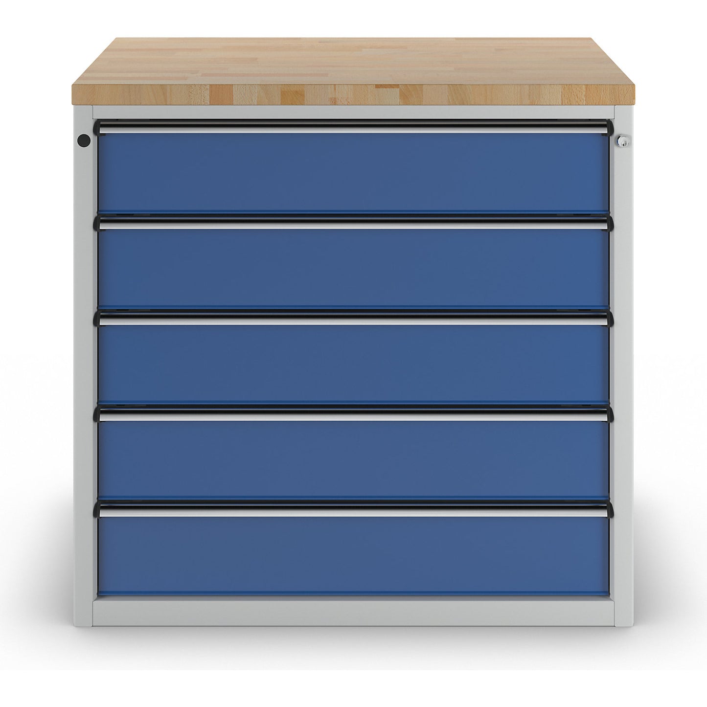 Cabinet for material and tool dispensing counter, 5 x 180 mm drawers, grey / blue.