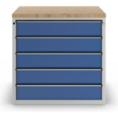 Cabinet for material and tool dispensing counter, 5 x 180 mm drawers, grey / blue.