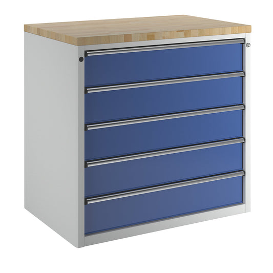 Cabinet for material and tool dispensing counter, 5 x 180 mm drawers, grey / blue.