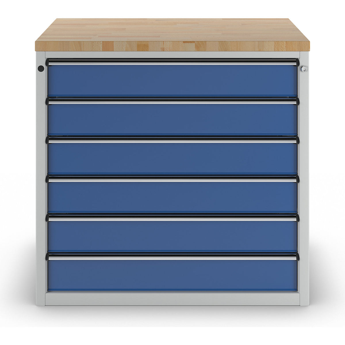 Cabinet for material and tool dispensing counter, 6 x 150 mm drawers, grey / blue.