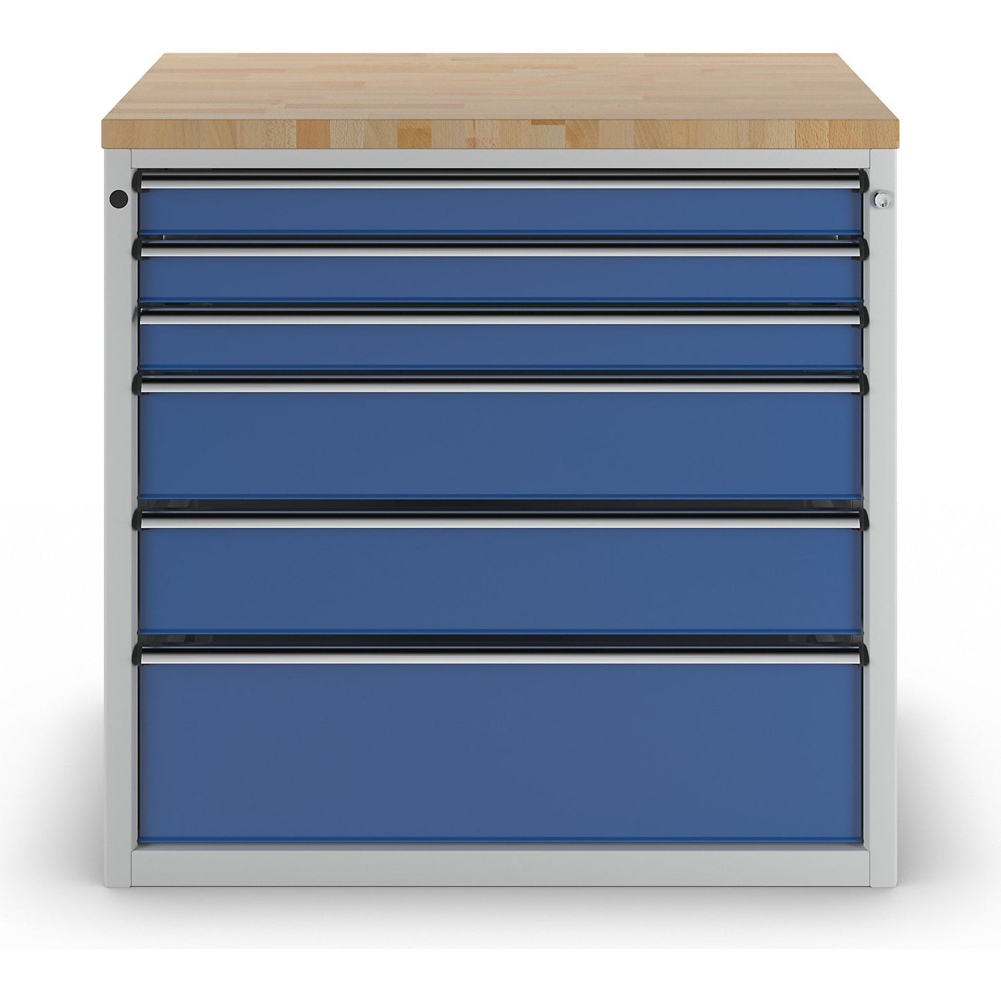 Cabinet for material and tool dispensing counter, 3 x 90 mm drawers, 2 x 180 mm drawers, 1 x 270 mm drawer, grey / blue.