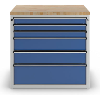 Cabinet for material and tool dispensing counter, 3 x 90 mm drawers, 2 x 180 mm drawers, 1 x 270 mm drawer, grey / blue.