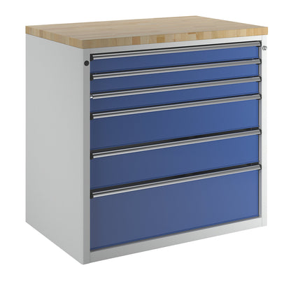 Cabinet for material and tool dispensing counter, 3 x 90 mm drawers, 2 x 180 mm drawers, 1 x 270 mm drawer, grey / blue.