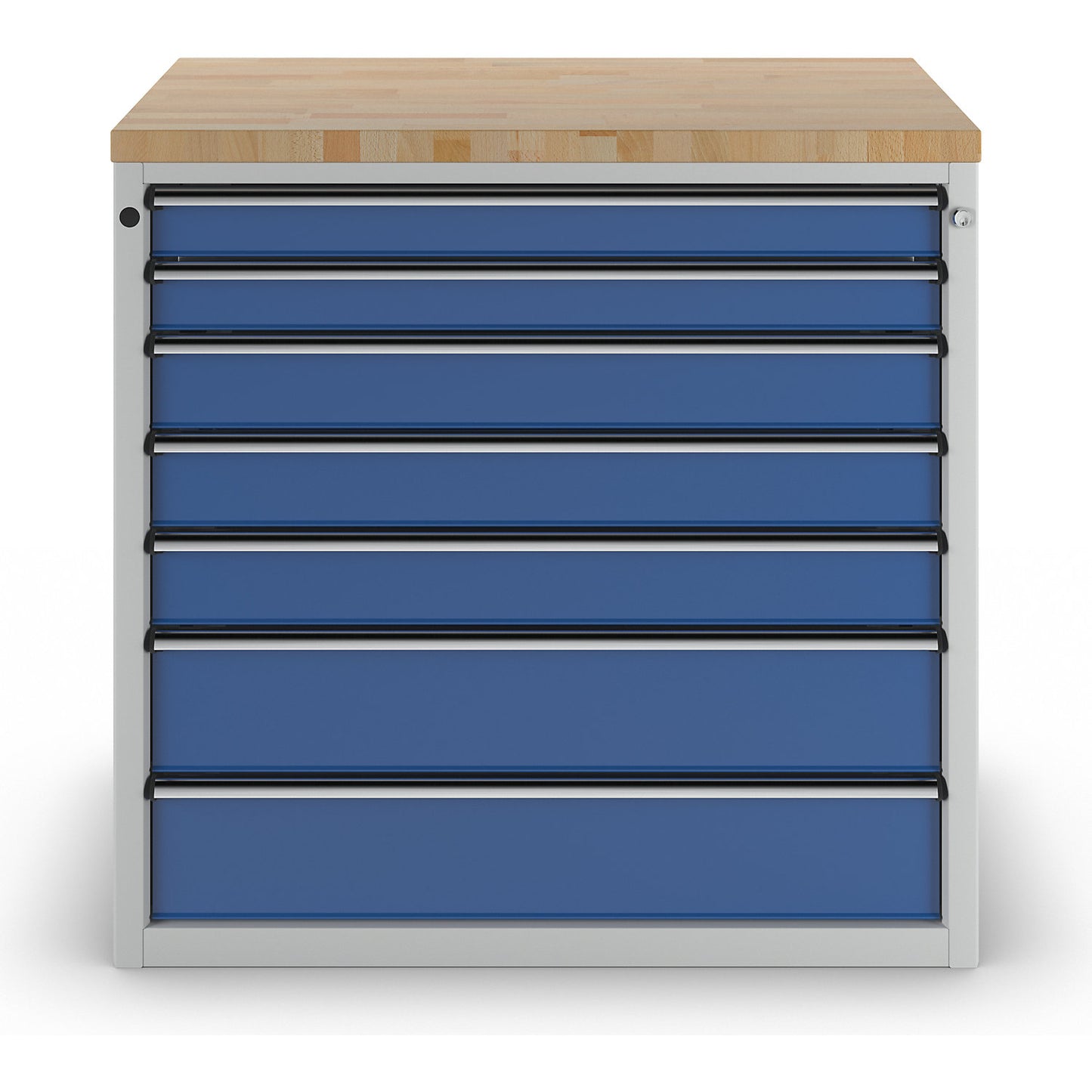 Cabinet for material and tool dispensing counter, 2 x 90 mm drawers, 3 x 120 mm drawers, 2 x 180 mm drawers, grey / blue.