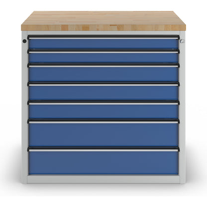 Cabinet for material and tool dispensing counter, 2 x 90 mm drawers, 3 x 120 mm drawers, 2 x 180 mm drawers, grey / blue.