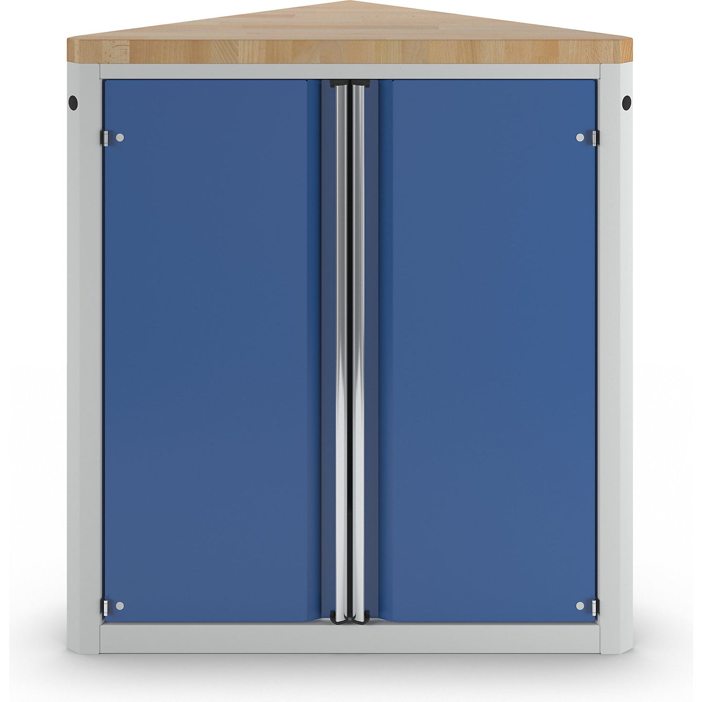 Cabinet for material and tool dispensing counter, 2 doors, 2 shelves, triangular, grey / blue.