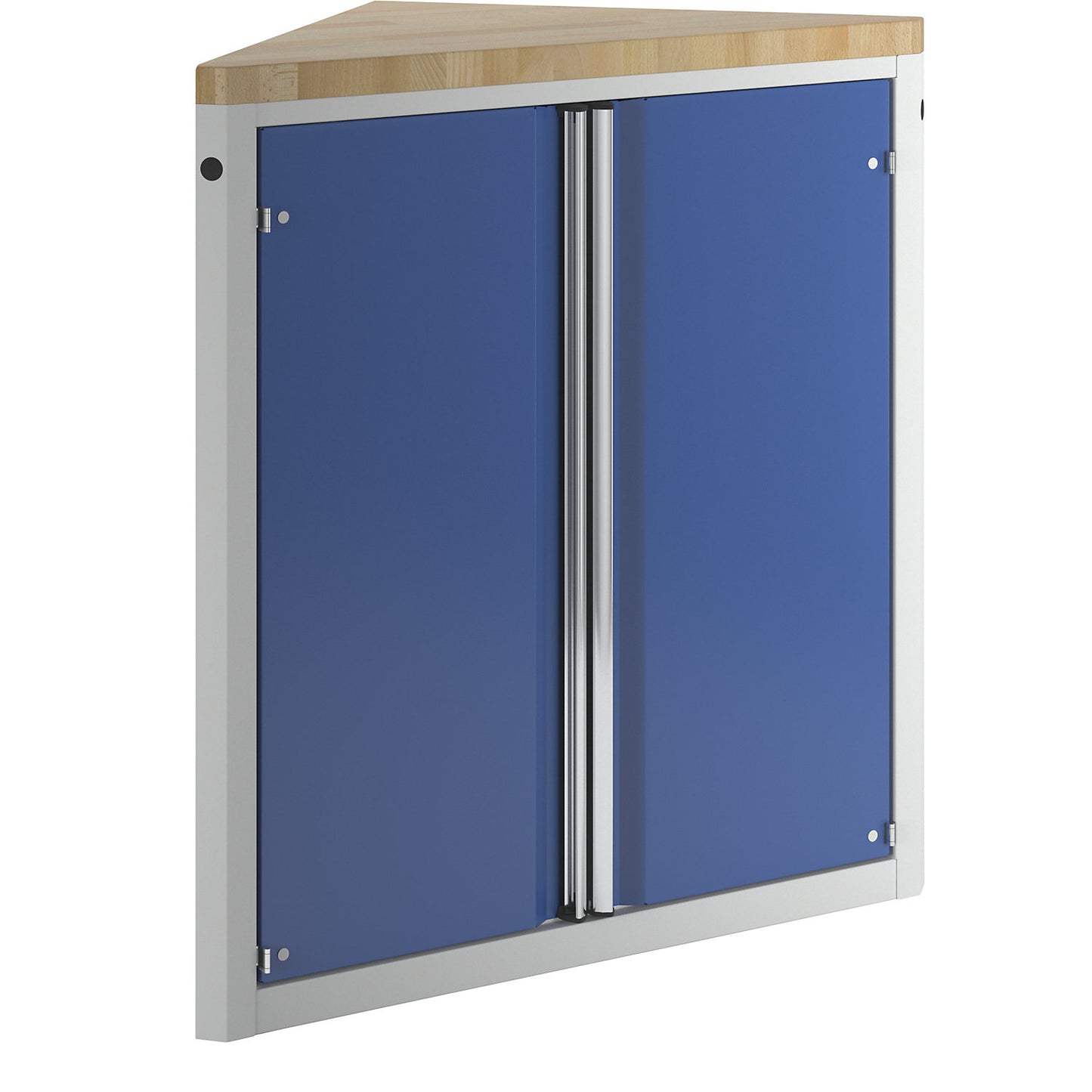 Cabinet for material and tool dispensing counter, 2 doors, 2 shelves, triangular, grey / blue.