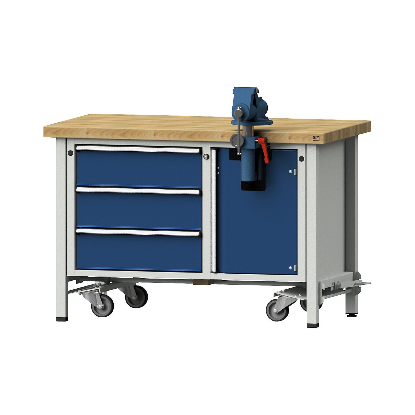 Compact workbench, mobile, mobile, with 3 drawers and vice, width 1270 mm.