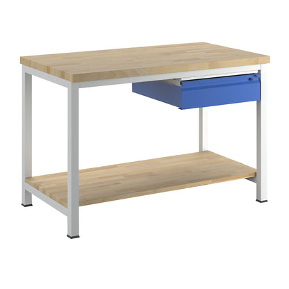 Workbench, frame construction, 1 L size drawer, 1 solid beech shelf, depth 700 mm, width 1250 mm.