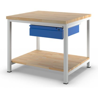 Workbench, frame construction, 1 L size drawer, 1 solid beech shelf, depth 900 mm, width 1000 mm.