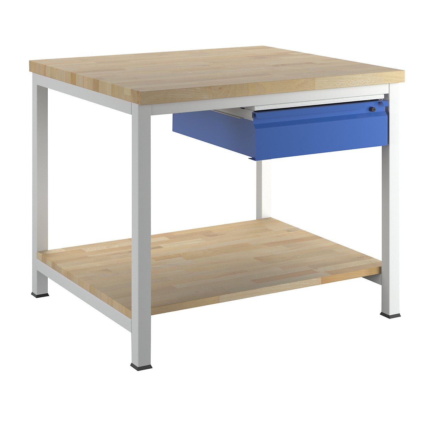 Workbench, frame construction, 1 L size drawer, 1 solid beech shelf, depth 900 mm, width 1000 mm.
