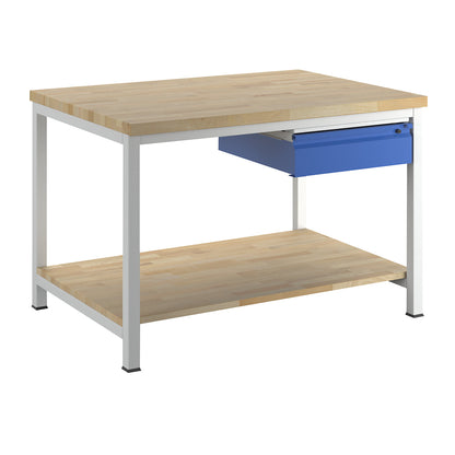 Workbench, frame construction, 1 L size drawer, 1 solid beech shelf, depth 900 mm, width 1250 mm.