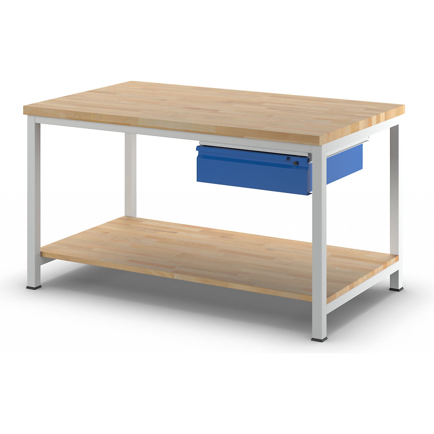 Workbench, frame construction, 1 L size drawer, 1 solid beech shelf, depth 900 mm, width 1500 mm.