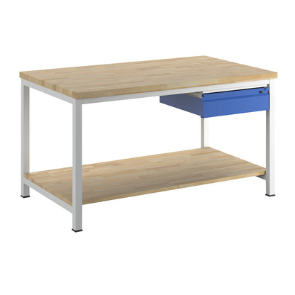 Workbench, frame construction, 1 L size drawer, 1 solid beech shelf, depth 900 mm, width 1500 mm.