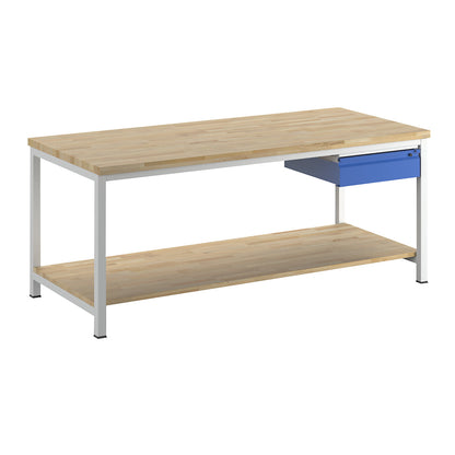 Workbench, frame construction, 1 L size drawer, 1 solid beech shelf, depth 900 mm, width 2000 mm.