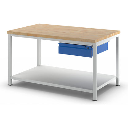 Workbench, frame construction, 1 L size drawer, 1 sheet steel shelf, depth 900 mm, width 1500 mm.