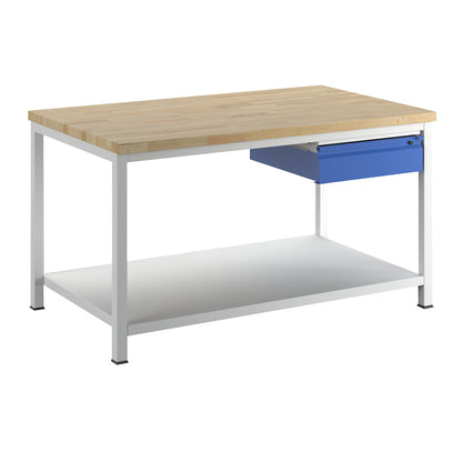 Workbench, frame construction, 1 L size drawer, 1 sheet steel shelf, depth 900 mm, width 1500 mm.