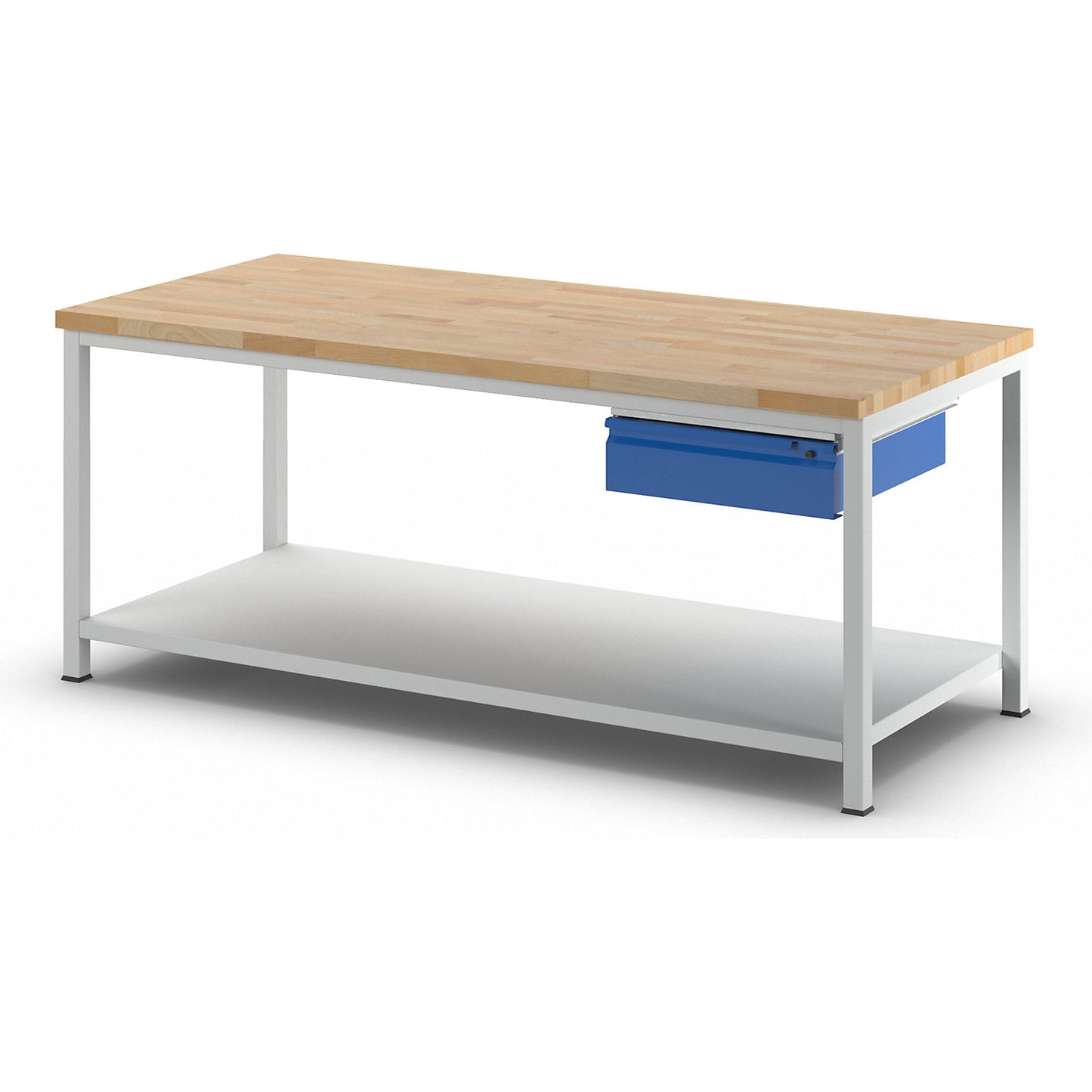 Workbench, frame construction, 1 L size drawer, 1 sheet steel shelf, depth 900 mm, width 2000 mm.