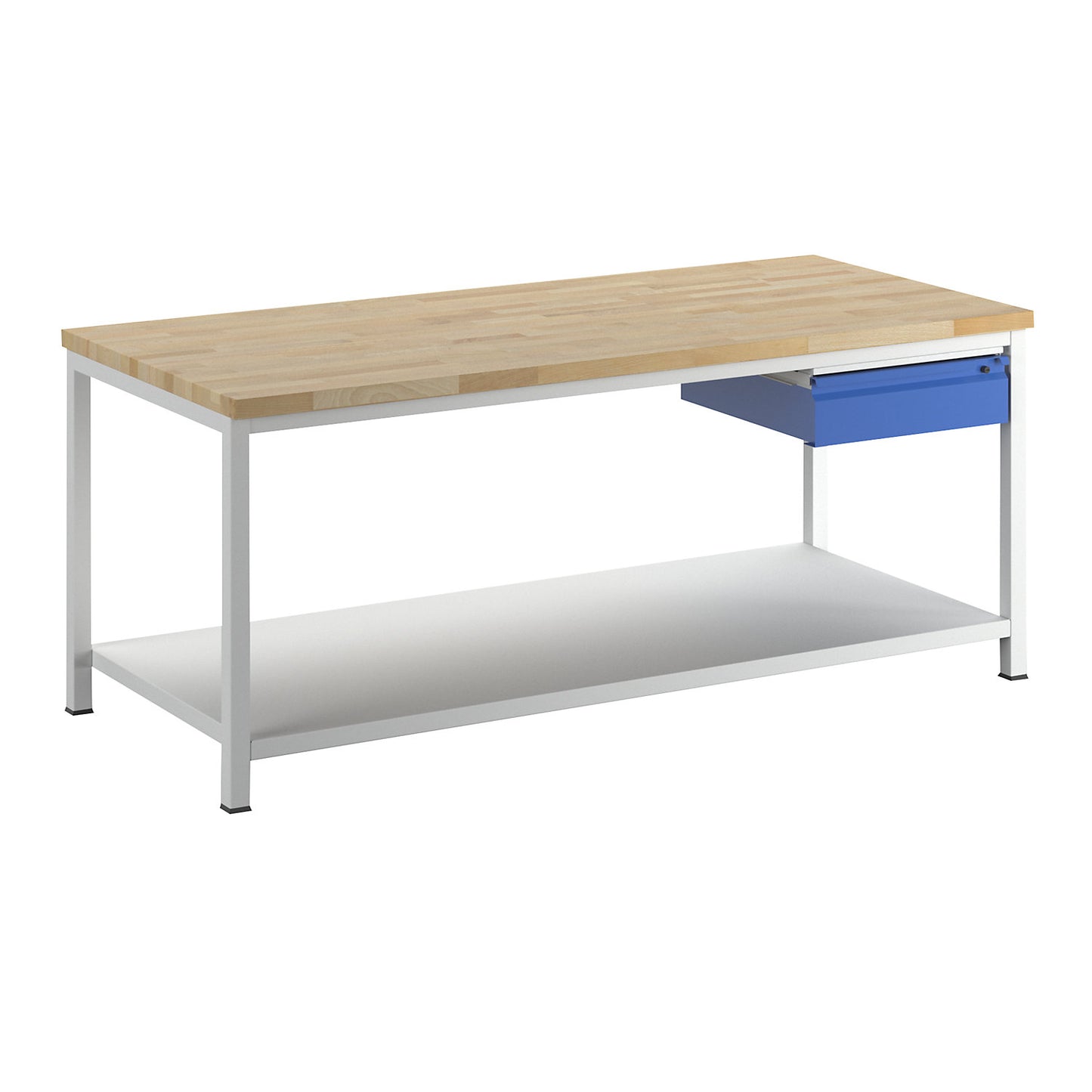 Workbench, frame construction, 1 L size drawer, 1 sheet steel shelf, depth 900 mm, width 2000 mm.