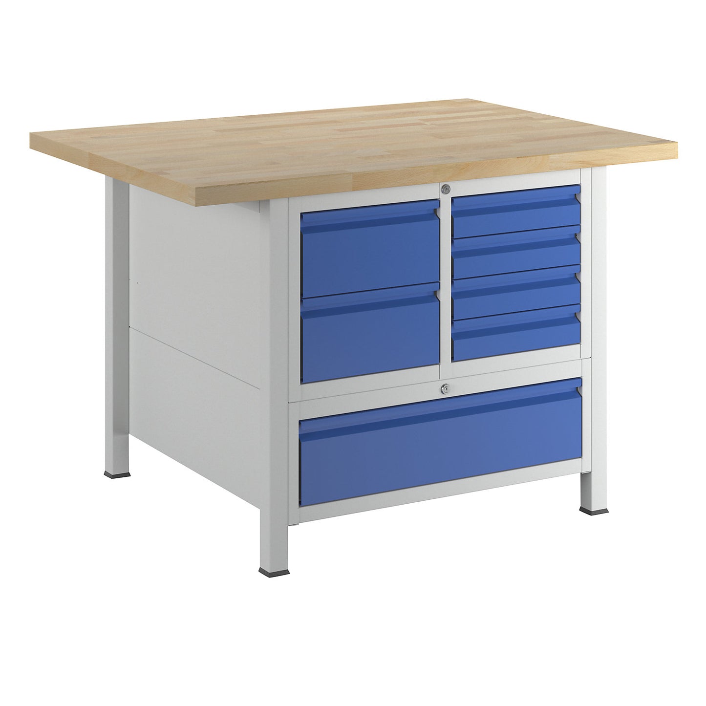 Workbench, frame construction, 6 L size drawers, 1 XXL size drawer, depth 900 mm, width 1250 mm.