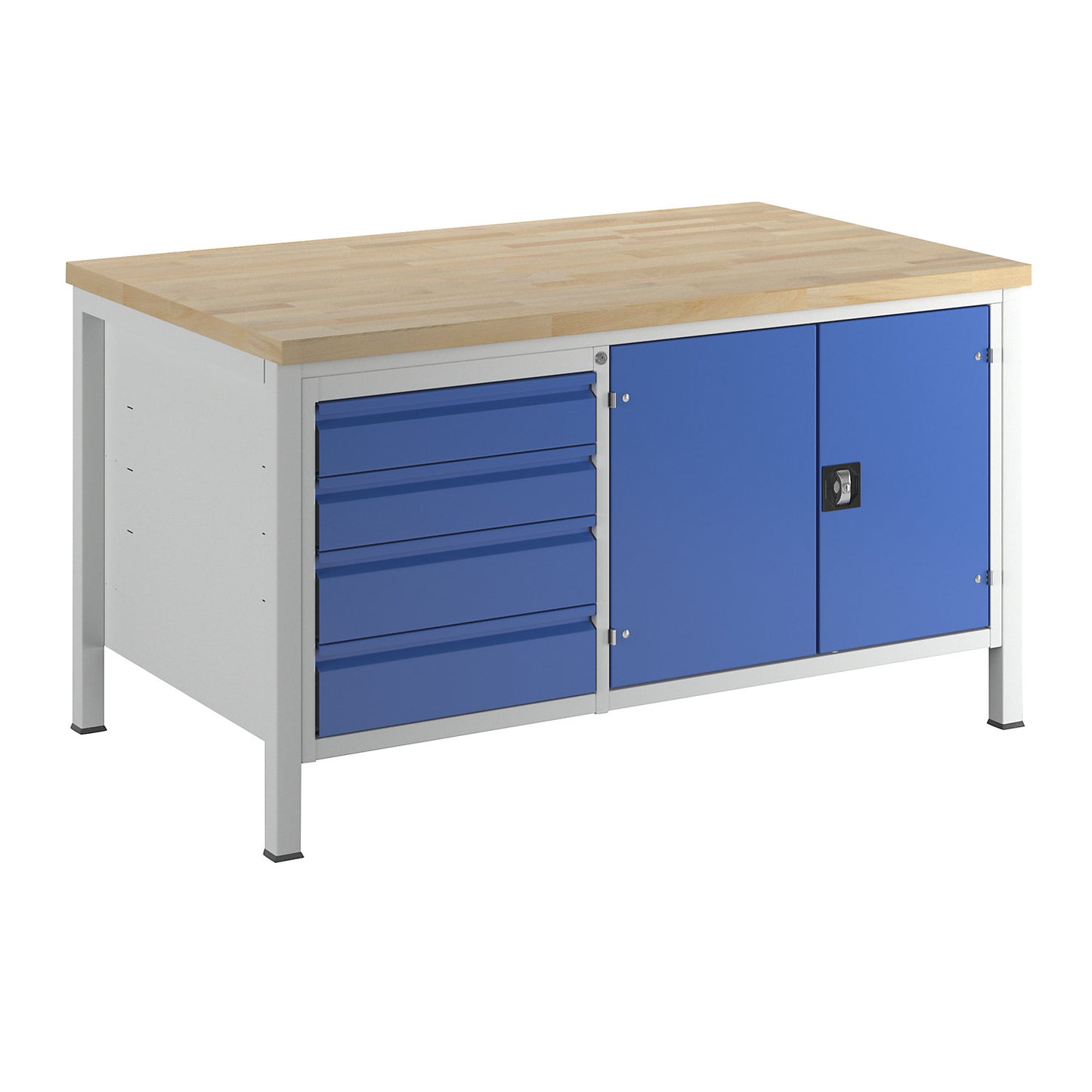 Workbench, frame construction, 4 L size drawers, 1 tool cupboard, depth 900 mm, width 1500 mm.