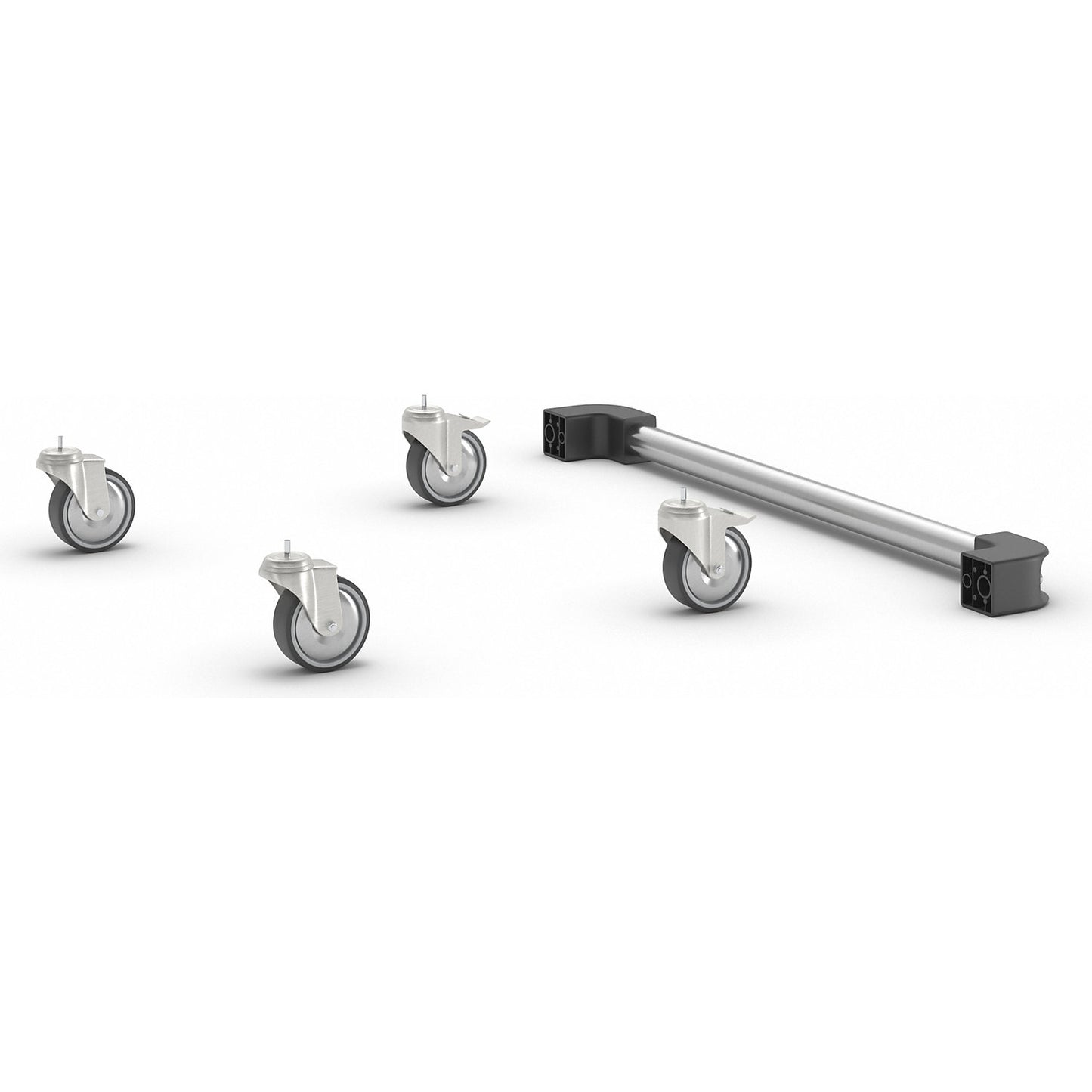 Wheel set for stainless steel PC cupboard, with push handle, 2 swivel castors, 2 fixed castors.