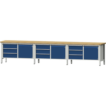 Workbench extra wide, frame construction, 3 doors, 9 drawers with partial extension, solid beech worktop.
