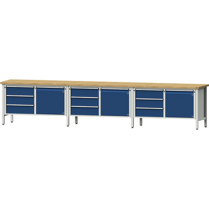 Workbench extra wide, frame construction, 3 doors, 9 drawers with full extension, solid beech worktop.